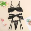 Sutiãs conjuntos sexy renda malha lingerie conjunto transparente roupa interior bordado sutiã 3 peças para mulheres