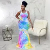 Casual Dresses Rainbow Tie Dye Print Summer Mermaid Long Dress Women Sleeveless Back Cut Out Party Elegant Female Bandage BodyCon2528