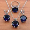 Ensemble de bijoux classiques pour femmes, boucles d'oreilles, collier, zircone bleue, couleur argent, pendentif, bagues, Bracelet, JS0563313t, 2021