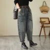 Nuovo arrivo 2023 primavera autunno stile artistico donna elastico in vita pantaloni Harem in denim di cotone doppie tasche Jeans larghi vintage