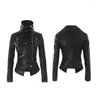 Women's Leather Zipper Splicing PU Jacket Short Standing Collar