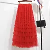 Jupes à volants plissée longue gâteau maille tulle jupe femmes mode élastique taille haute a-ligne lâche noir rose fête de danse