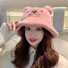 Berets Cute Bear Ear Plush Hat Winter Bucket Warm Fur Protection Knitted Bomber Cap Bonnets Korea Women Gorros Caps