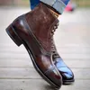 Мужские короткие ботинки коричневого цвета из флока на шнуровке с квадратным носком, деловые ботильоны ручной работы для мужчин с Zapatos Hombre