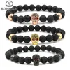 Hobborn Trendy Natural Lava 석재 팔찌 여성 남성 힙합 장미 금 골드 색상 Charm CZ Skull Bracelets Pulsera Hombre2133