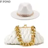 Ampla borda chapéus balde fedoras e saco 2 peça conjunto para mulheres corrente de ouro chapéu de couro moda festa de luxo casamento jazz chapeu feminino 231013