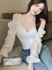 Women's Blouses Autumn Pink Sexy Elegant Blouse Women Ruffled Backless Korean Designer Tops Female Puff Sleeve Fashion Casual 2023