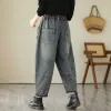 New Arrival 2023 Spring Autumn Arts Style Women Elastic Waist Cotton Denim Harem Pants Double Pockets Vintage Loose Jeans