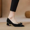 Chaussures habillées Plus Taille 41 Pompes pour femmes Bout pointu Talons mi-hauts Faux Daim Bateau Couture Bow Slip sur Zapatos Mujer Noir