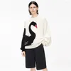 Suéteres femininos 2023 inverno casual preto cisne bordado mulheres camisola solta y2k manga longa o pescoço patchowrk malha senhoras pullovers moda