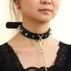 Chokers Sexy Rivet PU Leather Collar Lead Chain Towing Rope Bell Choker Slave Costume BDSM Bondage Necklace Neckband Sex Punk Goth295b