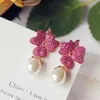 Fashion Rose red Big Flower Full stone Setting Irregular Pearl Drop Earring Party Jewelry Gift Wedding bride Accessories 2106242739
