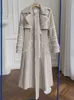 Женские куртки IEQJ Элегантный плащ цвета хаки контрастного цвета на шнуровке для женщин Двубортный плащ средней длины с длинными рукавами 2023 WQ7799 231016