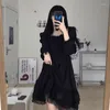 Sıradan Elbiseler Siyah Dantel Elbise Kadın Lolita Tarzı Fransız Sokak Giyim Kare Yaka Temper Y2K Giyim Sonbahar Vintage Moda Vestidos Gençler