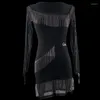 Bühnenkleidung Quaste Latin Dance Kleid Schwarz Tops Rock Mädchen Langarm Performance Kostüm ChaCha Moderne Salsa Praxis Kleidung DL10935