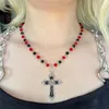 Colliers pendentifs Collier chapelet gothique rouge et noir longue croix gothique perles bijoux sorcière