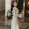 Casual Kleider Xgoth Büro Dame Langarm Kleid frauen Frühling Herbst Rüschen Robe Temperament High Street Mittlere Länge Plissee