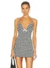 Casual Jurken Vintage Houndstooth Jurk Voor Vrouwen Sexy V-hals Kristallen Ketting Spaghettibandjes Vlinderdas Bodycon Bandage Mini