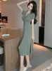 Casual Dresses Midi Women Mature Side-slit Chic Soft Bandage French Style V-neck Summer Temper Aesthetic Fashion Streetwear Vestidos