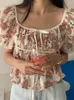 Blusas femininas rendas até arco flor impressão camisa solta pescoço quadrado moda contraste cor bolha manga blusas 2023 verão y