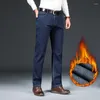 Jeans pour hommes Polaire Hommes Hiver Épaissir Chaud Élastique Business Casual Denim Pantalon Classique Fit Pantalon Droit Marque Vêtements Noir Bleu