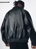 Men's Leather Faux Leather Mauroicardi Autumn Casual Oversized Black Pu Leather Jacket for Men Style Raglan Sleeve Turndown Collar Loose Korean Fashion 231016