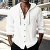 Camisas casuais masculinas homens com capuz cor sólida outono manga longa botões de algodão camisa de linho cardigan casaco vintage praia camisa