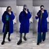 女性用ファーストア冬の長い大型戦争太い青いふわふわフェーコート織りフード付きルーズカジュアルスタイルファッション
