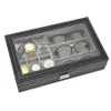 Boîte de rangement de lunettes en cuir synthétique, boîte d'exposition à couvercle Transparent avec 6 grilles et 3 lunettes de rangement 252v