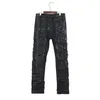 Мужские джинсы, мужские джинсы с вощеным покрытием, рваные брюки с ножевым вырезом, мужская уличная одежда, модный темно-черный винтажный бренд