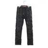 Jeans da uomo da uomo High Street rivestiti in cerata denim con taglio a coltello pantaloni strappati uomo streetwear moda nero scuro marchio vintage