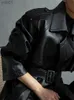 Jaquetas femininas Lautaro outono extra longo oversized preto falso couro trench coat para mulheres manga comprida cinto duplo breasted solto moda 2021L231016
