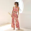 Women's Two Piece Pants Pink Printed Top Suit Women Sleeveless Square Collar Vest High Waist Flare Pant Suits Female 2023 Summer Elegant Set