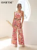 Women's Two Piece Pants Pink Printed Top Suit Women Sleeveless Square Collar Vest High Waist Flare Pant Suits Female 2023 Summer Elegant Set