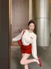 Pantalon deux pièces pour femmes, pull blanc et short en velours rouge, ensemble sweat-shirt avec décoration avec nœud d'automne, tenues mignonnes pour filles douces, vêtements Kawaii 231016