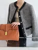 Women's Jackets Contrast Color Crew Neck Gold Button Up Tweed Jacket Long Sleeve Elegant Coat