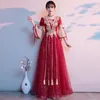 Abbigliamento etnico Fiocco bordeaux Maniche a rete Maniche a rete Cheongsam Applicazioni di fiori Paillettes Qipao Colletto quadrato Abito a pieghe Abito Nappa Robe De