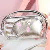 PVC -rutnät Kosmetiska förvaringspåsar 3 stycken Ställ in stor kapacitet Clear Mode Shell Women Dragkedjan Pouch för resande hudvård Makeup Lipstick Eye Shadow Phone Wash Bag Fall