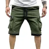 Shorts masculinos carga cintura elástica vários bolsos zíper cordão streetwear casual na altura do joelho roupas de verão