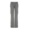 Weekeep – pantalon Cargo gris Vintage pour femmes, grandes poches cousues, taille basse, décontracté, Y2k Grunge, Streetwear pour dames, Capris