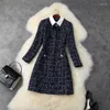 Vestidos casuais outono inverno xadrez tweed vestido mulheres designer azul marinho laço manga longa diamantes botões vintage lã mini b2541