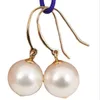 Boucles d'oreilles pendantes en or pur 14 carats, grand crochet en perles Akoya japonaises authentiques de 9 à 10 mm