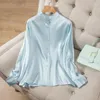 Blouses pour femmes Birdtree 93% Mulberry Silk Shirt Stretch Plain Crepe Satin Simple Long Seck Stand Collar femme Commute Couleur Couleur Top