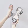 Dress Shoes Transparent Rhinestone 5cm Heels Sandals Women Summer 2023 Open Toe Mid Heel Woman Fashion Crystal Party Slides