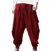 Calças masculinas cor sólida estilo retro harem solto-fit calças de cintura elástica para casual streetwear cordão