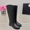 2023-Black Leather Mid-Calf boots Round toe Slip-on flat heels Chelsea Booties Top quality women luxury designer Casual Fashion Party Dress shoes