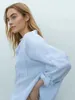 Blusas femininas 2023 verão listrado manga longa camisa retro lapela design exclusivo bolso topo mujer