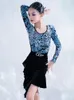 Bühnenkleidung Mädchen Latin Dance Kleid Lange Ärmel Übungskleidung Blau Leopard Tops Schwarz Rock Cha Rumba Training Anzug Kinder BL11558