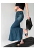 Jupes WOMENGAGA 2023 Sexy taille haute enveloppement fesses jupe mi-longue pour femme été queue de poisson conique fendu Denim EIM2