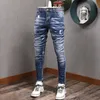 Dżinsy męskie jeansu jesień szczupła marka moda Wysokiej jakości niebieskie perforowane spodnie splash chudy erkek Jean Pantolon313x